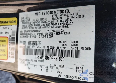 2013 Ford Fusion Hybrid Titanium из США, поврежденный, VIN 3FA6P0RU6DR381893